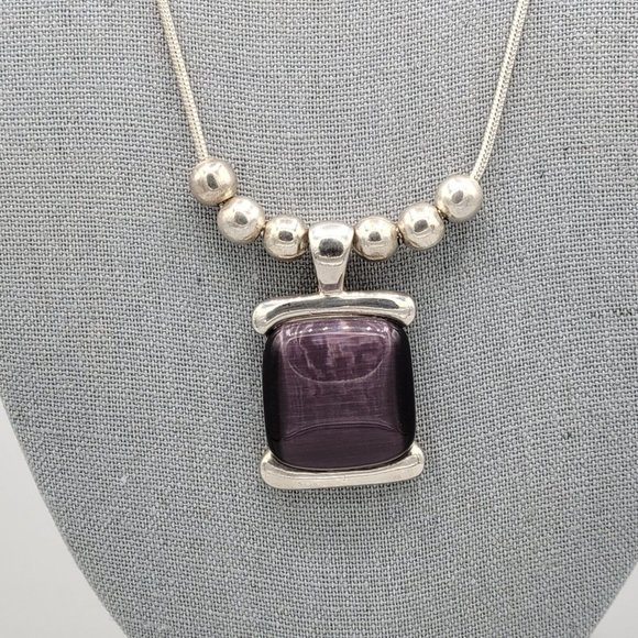 Cats Eye Purple Stone Womens Fashion Necklace Silver Tone Snake Chain 18 in - Picture 2 of 11